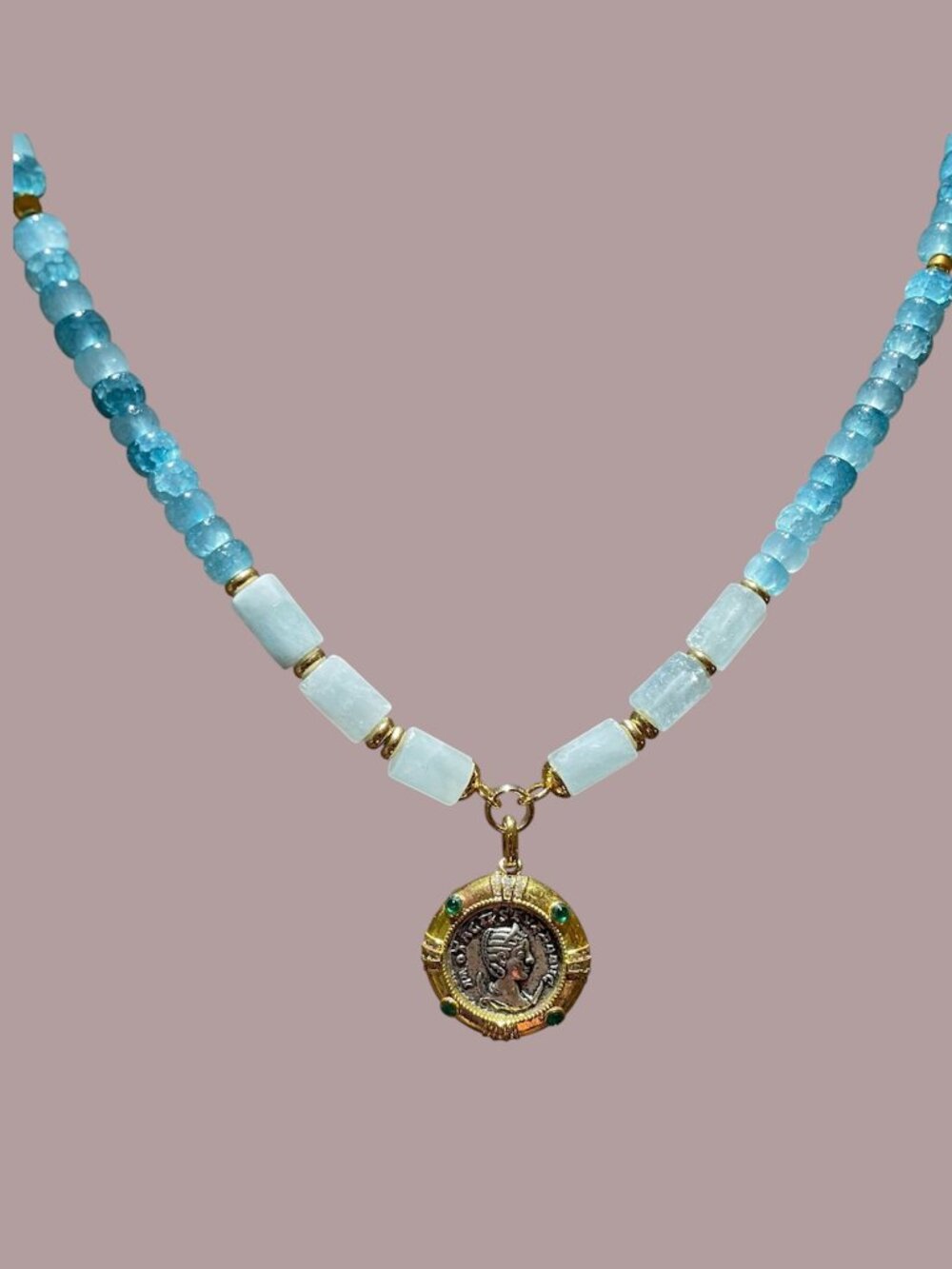 Genuine Aquamarine Gold/Silver Tone Coin Necklace
